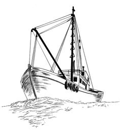 a black and white drawing of a boat in the ocean with waves coming up on it