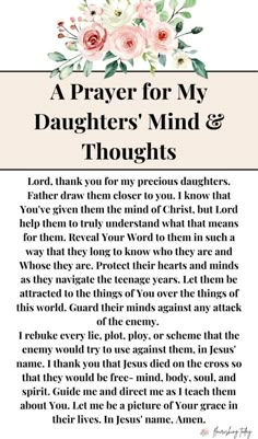 a prayer for my daughter's mind and thoughts, with flowers on the side