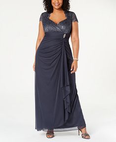 Betsy & Adam Plus Size Sequined-Lace Ruched Gown & Reviews - Dresses - Women - Macy's Bride Plus Size, Mother Of The Bride Plus Size, Mother Of The Groom Dresses, High Low Gown, Dresses For Summer, Plum Dress, Drape Gowns, Plus Size Gowns, Mother Of Groom Dresses