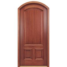 a wooden door with two side panels and an arched top panel, on a white background