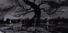 an image of a halloween scene with pumpkins and skeletons on the ground in front of a tree