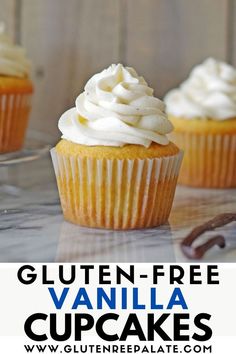 three cupcakes with white frosting on top and the words gluten - free vanilla cupcakes below