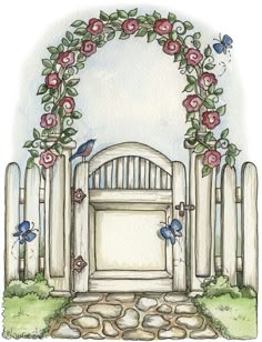 an illustration of a white gate with flowers and birds on it, surrounded by rocks