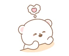 a white teddy bear sitting down with a heart above it's head on a white background