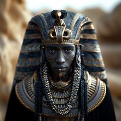 a statue of an egyptian man with black skin and gold jewelry on his face, wearing a headdress