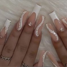 24pcs White French Tip Fake Nails, Glitter Swirl Press On Nails With Bling Rhinestone Design, Glossy Full Cover Long Ballet False Nails With Glue Sticker And Nails File For Women And Girls Ballet Nails, Graduation Nails, White French Tip, Gold Nail, White Acrylic Nails, French Tip Acrylic Nails, French Acrylic Nails, Long Acrylic