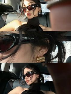 a woman wearing sunglasses sitting in the back seat of a car