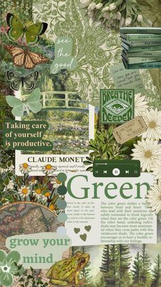 a collage of green and white flowers, trees, plants, and other things