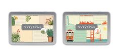 two tins with sticky notes and succulent images on them, one in the shape of a box