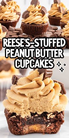 reese's stuffed peanut butter cupcakes on a white plate with the words reese's stuffed peanut butter cupcakes