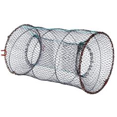 three round wire baskets with red handles on the top and bottom, set against a white background