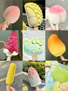 several pictures of different types of ice creams and popsicles with the words hello kitty on them