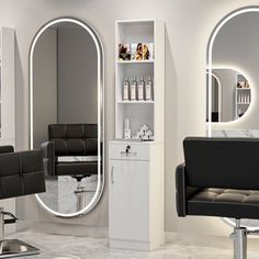 a hair salon with mirrors and chairs in it