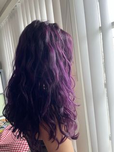 Purple On Brunette Hair, Plum Purple Curly Hair, Shoulder Length Colored Hair, Purple Dye On Brown Hair, Purple Hair On Brown Hair, Bluish Purple Hair, Dark Purple Hair Aesthetic, Grunge Purple Hair