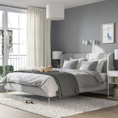 a bedroom with grey walls and white bedding in the corner, along with a rug on the floor