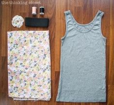 clothes and sewing supplies laid out on a wooden floor with text overlay that says how to make a tank top