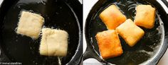 four square pieces of bread cooking in a skillet with oil on the stove top