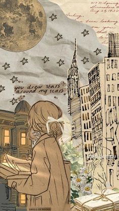 a drawing of a girl standing in front of a cityscape with birds flying over her head