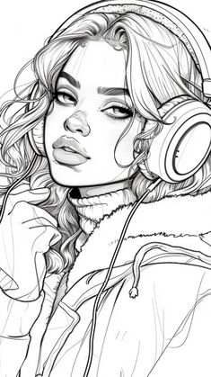 a drawing of a woman wearing headphones