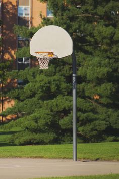 a basketball hoop in front of some trees