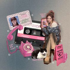 a woman sitting on top of a pink radio next to a black and white cat