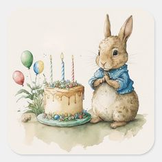 a watercolor painting of a rabbit sitting in front of a birthday cake