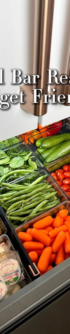 an assortment of vegetables in trays with the words grill bar ready to get fresh