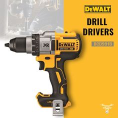 the dew drill driver is on display in front of a yellow and white background with text that reads dew drill drivers