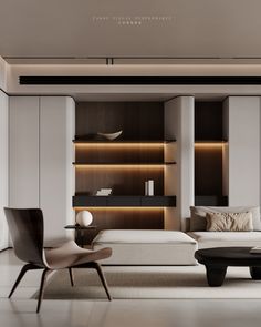 an elegant living room with modern furniture and lighting