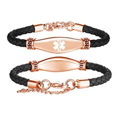 This medical alert bracelet features a 5mm braided leather rope and a classic stainless steel charm with a medical ID symbol. Not only is it a perfect piece of jewelry, but provides a sense of security with pre-engraved medical conditions. It's adjustable from 7-8.5 inches to fit most wrist sizes. The laser engraving ensures the information will never fade away, protecting info and privacy discreetly. For extra protection, a wallet card is included. It comes in a gift box ideal for gifting, thou Medical Alert Bracelet, Medical Id Bracelets, Medical Jewelry, Medic Alert Bracelets, Medical Bracelet, Medical Alert, Discount Jewelry, Id Bracelets, Wallet Card