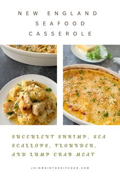 an advertisement for a new england seafood casserole with pictures of different dishes and ingredients