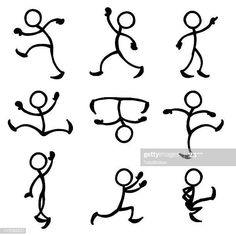 a set of hand drawn stick figures running and playing with each other, in different poses