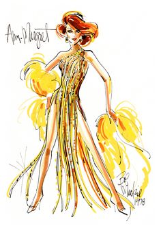 a drawing of a woman in a yellow dress