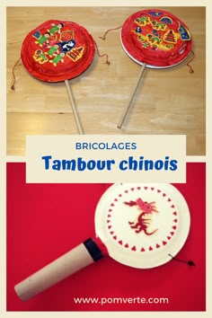 two paper plates with stickers on them and the words brochures tambour chinois