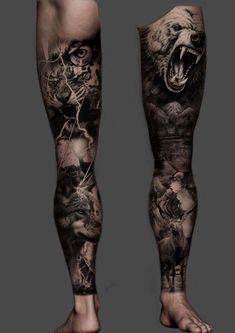 a man's leg covered in tattoos with wolfs and other animals