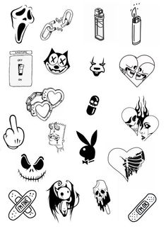 various tattoos are shown in black and white, including hearts, eyes, nose rings, lips