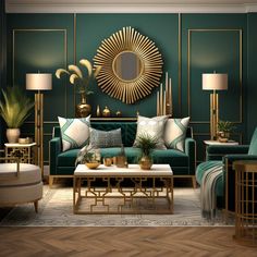 a living room with green walls and gold accents