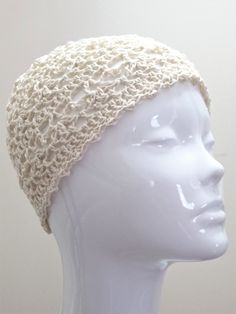 This lacy crochet beanie in cream will add a stylish touch to any outfit. Hand crafted with high quality 100% cotton yarn, it is perfect for any occasion, including weddings. If you would prefer this crochet skull cap in a different size or colour, please message me and I will be happy to help.  Materials: 100% cotton yarn Measurements: Diameter approx. 56cm (will stretch a little with wear) Height - Crown to base 18cm Care Instructions: Handwash or machine wash on a wool cycle at 30oC and dry f Crochet Skull Cap, Lacy Crochet, Crochet Skull, Cotton Beanie, Crochet Beanie, Skull Cap Beanie, Head Circumference, Skull Cap, Cotton Yarn