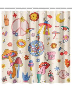 the shower curtain is decorated with colorful cartoon characters and symbols, including mushrooms, sunflowers, hearts, flowers, stars, and peace signs