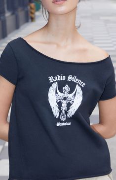 Radio Silence Cutoff T-Shirt Off The Shoulder Tee, Radio Silence, Women's Graphic Tees, Comfy Sweatpants, Cozy Pullover, Comfy Sweatshirt, John Galt, Tees For Women, Basic Tops