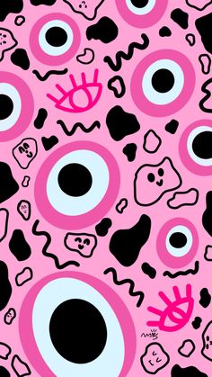 a pink and black pattern with lots of different things on it's surface,