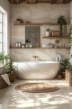 a bath room with a tub a sink and some plants on the shelves in it