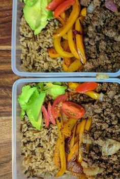 two plastic containers filled with food on top of a wooden table