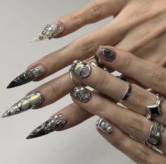 Nails Acrylic Gothic, Nail Design Glitter, Nails Gel Nails, Custom Press On Nails, Y2k Nails, Japanese Nails