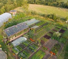 an aerial view of a vegetable garden with greenhouses