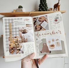 a hand holding an open book in front of a shelf with christmas decorations on it