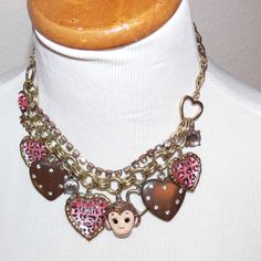 Betsey Johnson Oh Baby - Monkey & Cheetah Print Heart Charm Necklace - Charms Vary In Sizes & Type Heart Charm Necklace, Necklace Charms, Baby Monkey, Oh Baby, Funky Jewelry, Jewelry Lookbook, Betsey Johnson Jewelry, Cheetah Print, Heart Charm