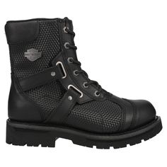 Harley-Davidson Riding Appropriate* Men's Stealth Lace boots. Made to be highly abrasion resistant, oil and stain resistant, breathable and more durable than traditional leather while maintaining breathability without sacrificing style. The best full grain leather uppers available with a full length soft cushioned sock lining, and industry's best YKK locking inside zippers for ease of putting on and taking off. Designed with abrasion resistant Tech-Tuff overlays, metal Harley eyelets, metal Harl Rugged High-top Abrasion-resistant Work Boots, Rugged Combat Boots With Abrasion-resistant Round Toe, Combat Moto Boots With Steel Toe For Outdoor, Rugged Abrasion-resistant Combat Boots With Round Toe, Combat-style Moto Boots With Steel Toe For Outdoor, Outdoor Moto Boots With Steel Toe And Round Toe, Rugged Abrasion-resistant Waterproof Boots For Streetwear, Combat Moto Boots With Reinforced Toe For Outdoor, Rugged Waterproof Boots For Streetwear, Abrasion-resistant