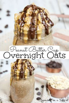 peanut butter cup overnight oats with chocolate drizzle and caramel on top