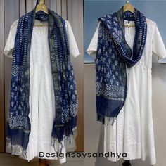 two pictures of a white dress and blue scarf